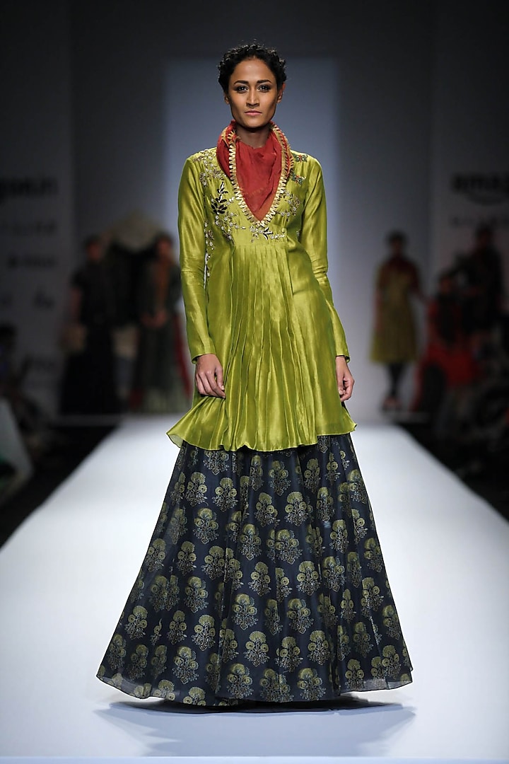 Lime Green Embroidered Pleated Short Kurta with Blue Printed Skirt by Joy Mitra
