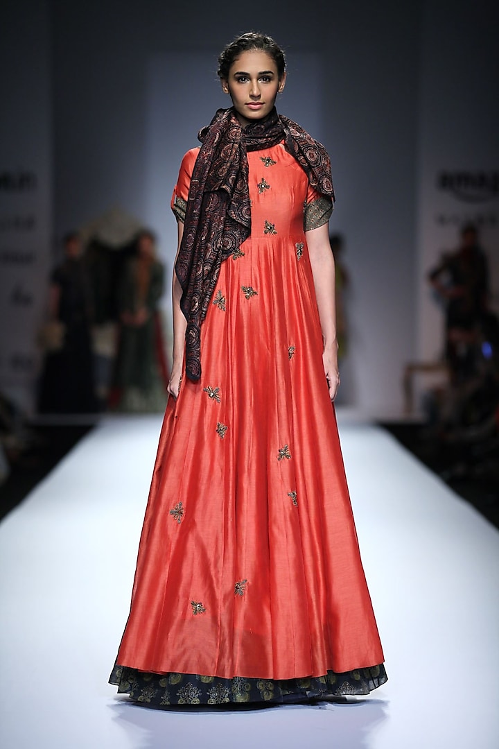 Coral Bug Embroidered Anarkali by Joy Mitra