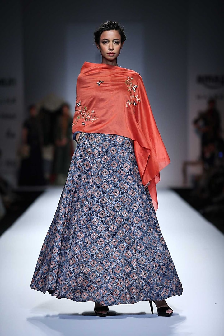 Coral Embroidered Cape Style Printed Anarkali by Joy Mitra