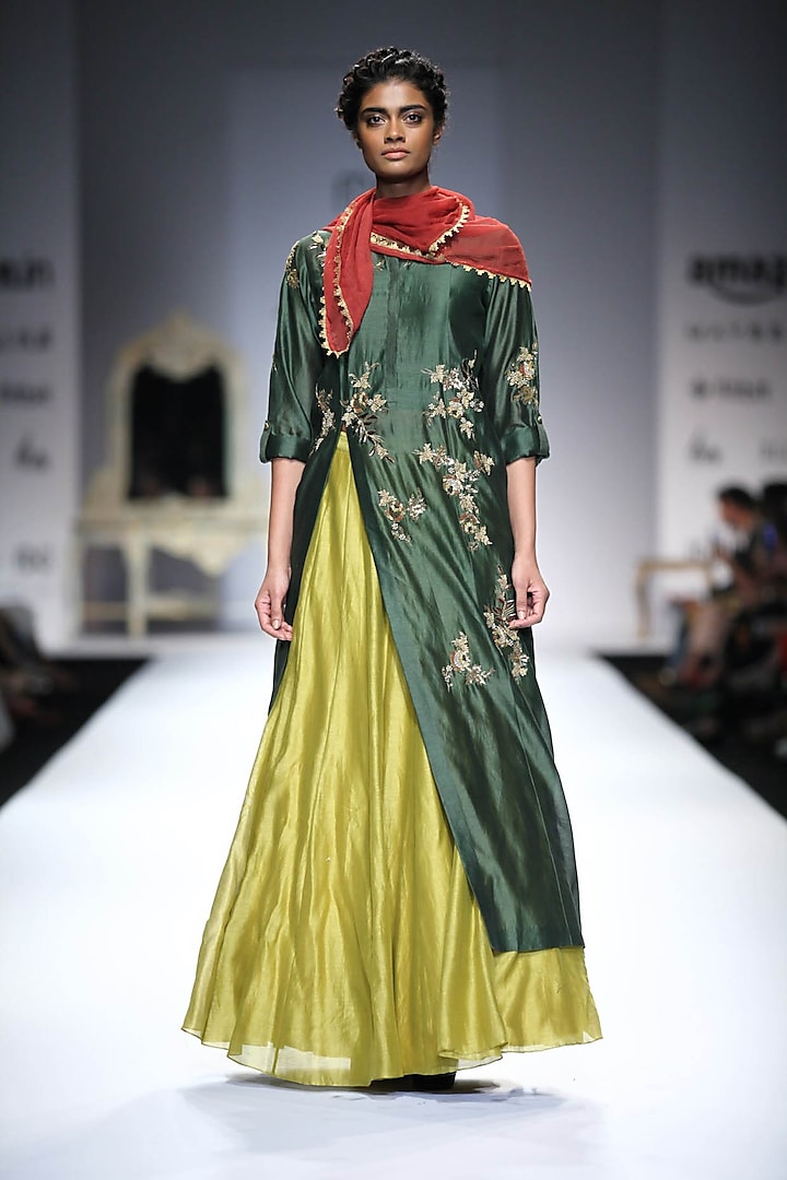 Green Embroidered Side Cut Kurta with Lime Green Skirt by Joy Mitra
