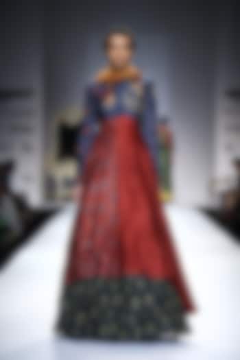 Blue and Maroon Angrakha Asymmetrical Anarkali with Printed Skirt by Joy Mitra