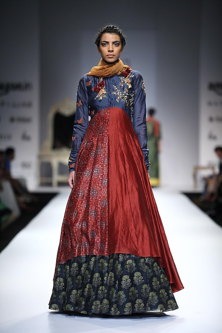 Blue and Maroon Angrakha Asymmetrical Anarkali with Printed Skirt by Joy Mitra
