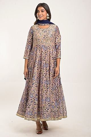 Pale Peach Printed Anarkali Set by Jaipuri banno
