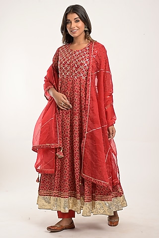 Fire Brick Printed Anarkali Set by Jaipuri banno