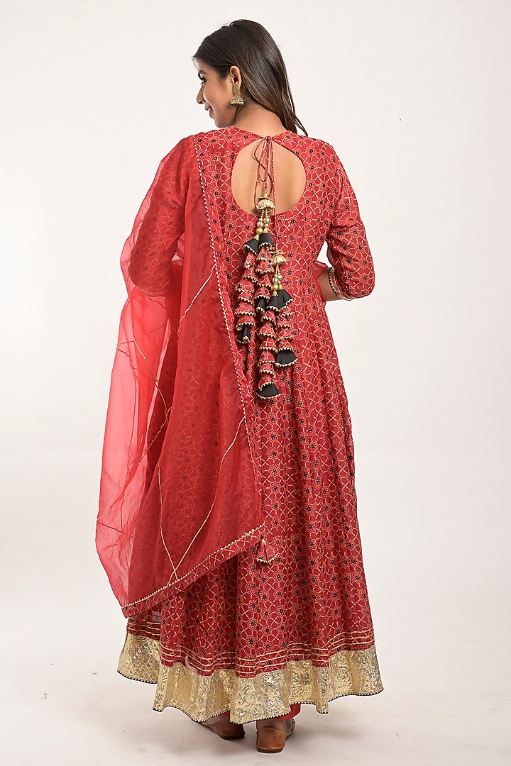 Fire Brick Printed Anarkali Set by Jaipuri banno at Pernia's Pop Up Shop