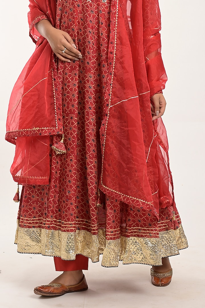 Fire Brick Printed Anarkali Set by Jaipuri banno at Pernia's Pop Up Shop