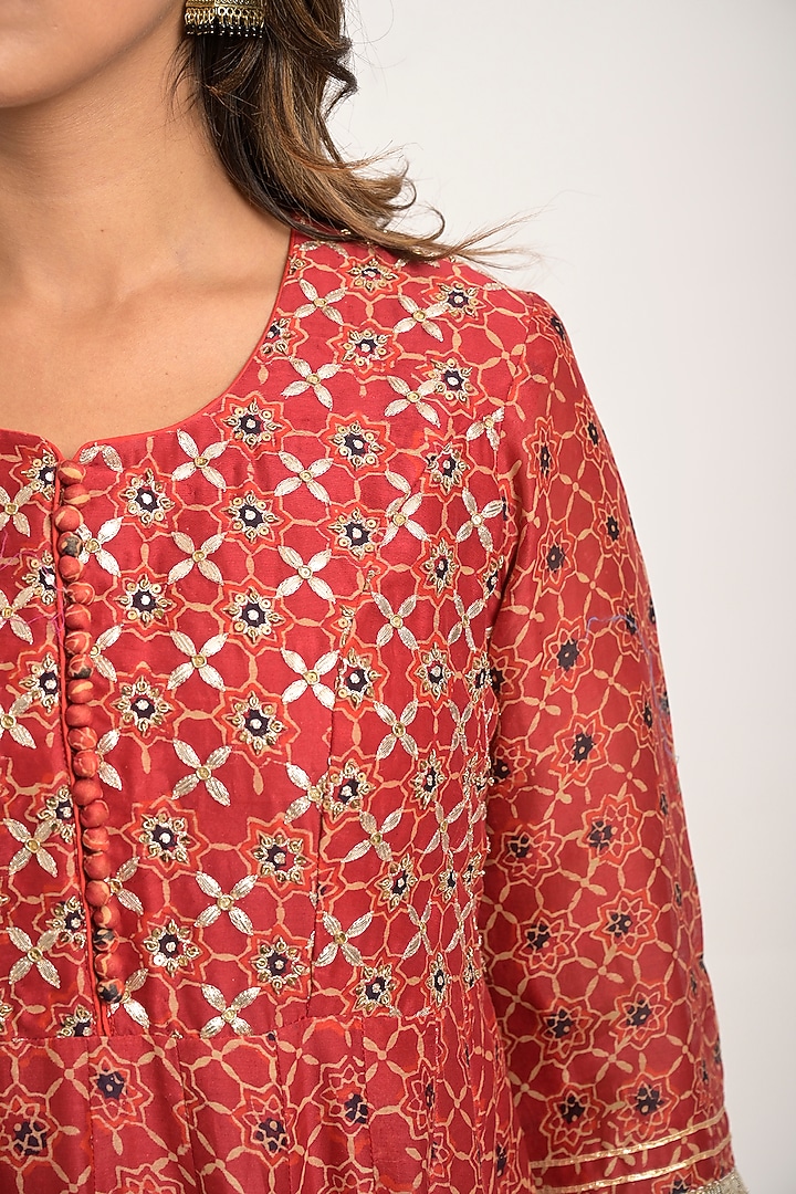 Fire Brick Printed Anarkali Set by Jaipuri banno at Pernia's Pop Up Shop