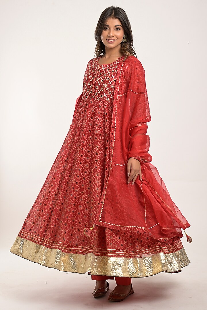 Fire Brick Printed Anarkali Set by Jaipuri banno at Pernia's Pop Up Shop