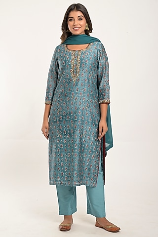 Steel Printed Kurta Set by Jaipuri banno