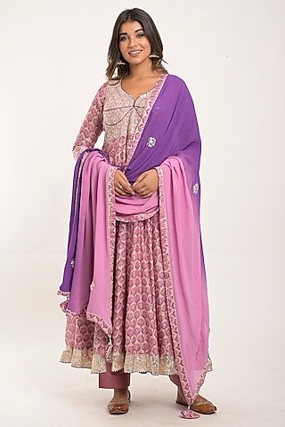 Lavender Printed Anarkali Set by Jaipuri banno