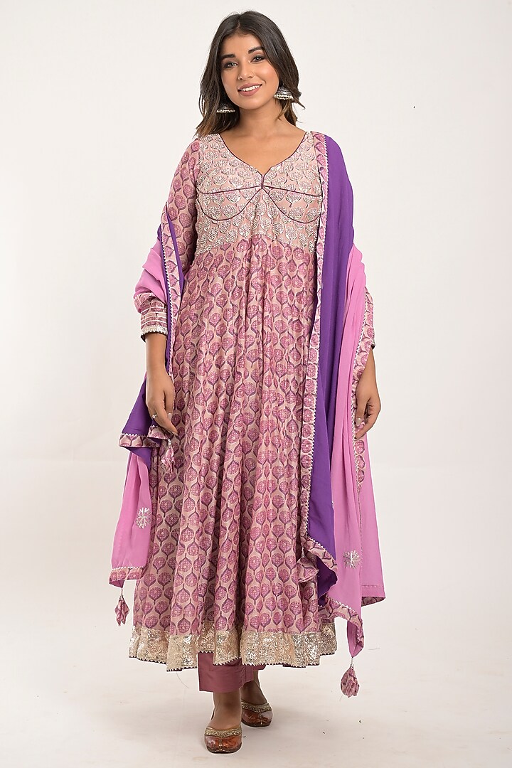 Lavender Printed Party Wear Anarkali Set by Jaipuri banno at Pernia's Pop Up Shop