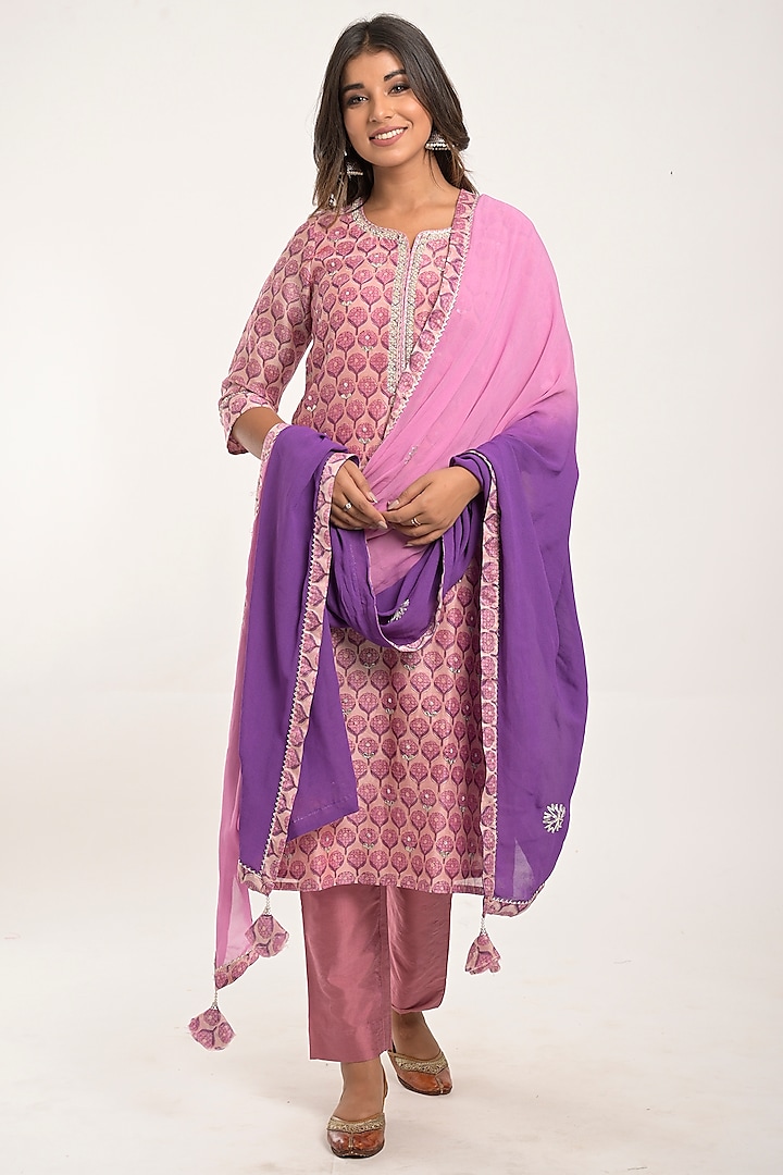 Lavender Printed Kurta Set by Jaipuri banno