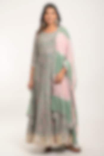 Light Blue Green Printed Anarkali Set by Jaipuri banno at Pernia's Pop Up Shop