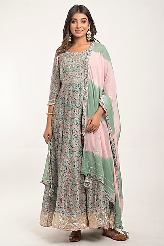 Light Blue Green Printed Anarkali Set by Jaipuri banno