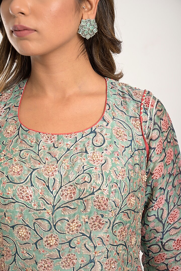 Light Blue Green Printed Party Wear Anarkali Set by Jaipuri banno at Pernia's Pop Up Shop
