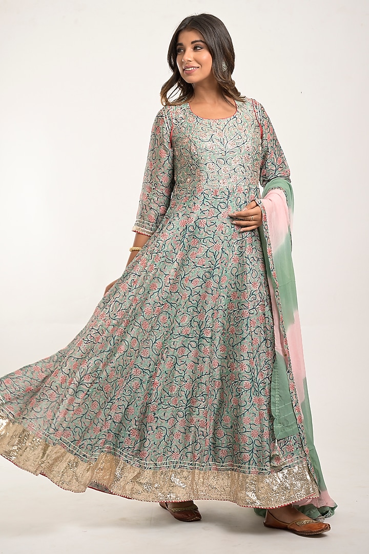 Light Blue Green Printed Party Wear Anarkali Set by Jaipuri banno at Pernia's Pop Up Shop
