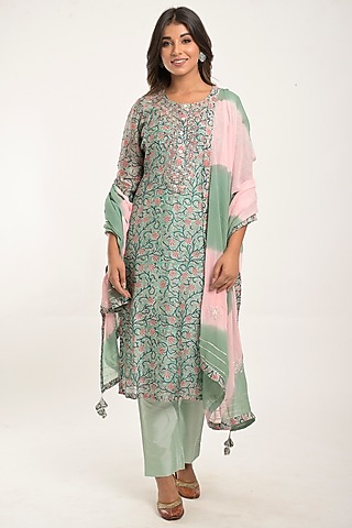 Light Blue Green Printed Kurta Set by Jaipuri banno