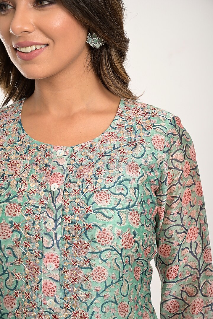 Light Blue Green Printed Kurta Set by Jaipuri banno at Pernia's Pop Up Shop