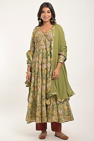 Olive Printed Anarkali Set by Jaipuri banno