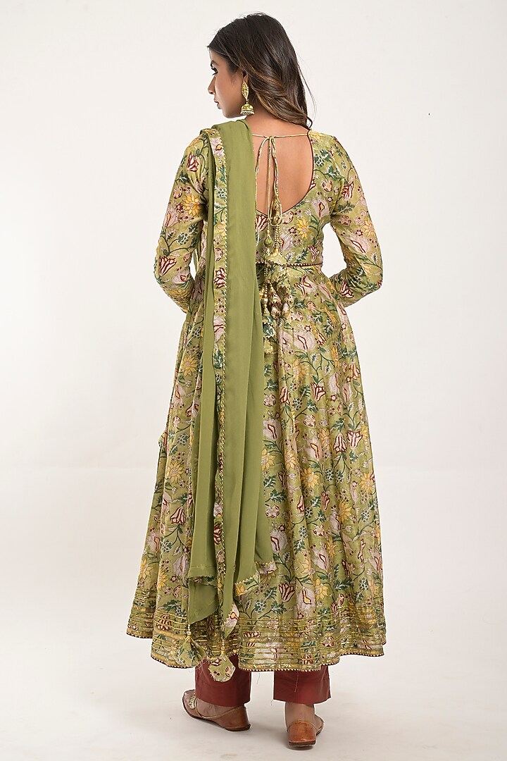 Olive Printed Party Wear Anarkali Set by Jaipuri banno at Pernia's Pop Up Shop