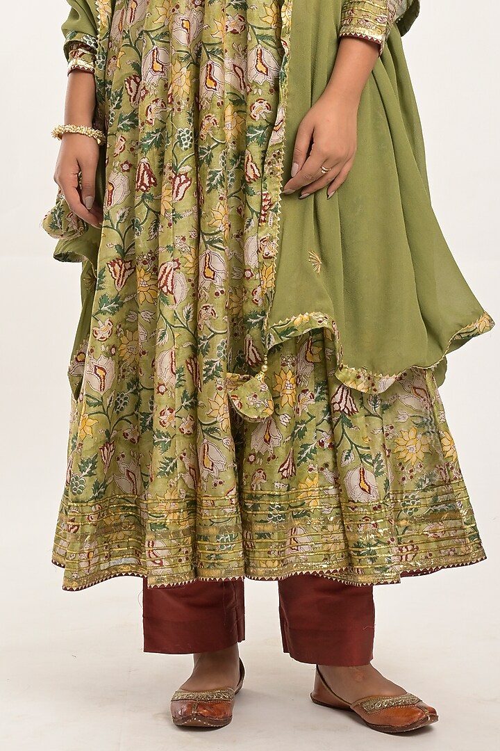 Olive Printed Party Wear Anarkali Set by Jaipuri banno at Pernia's Pop Up Shop