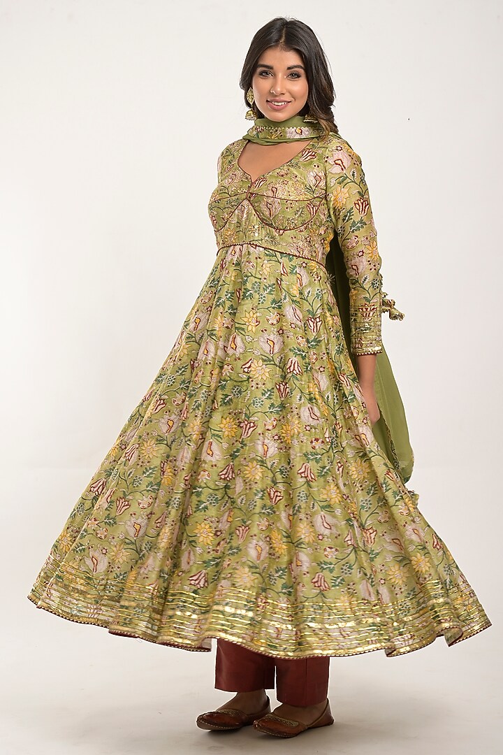 Olive Printed Party Wear Anarkali Set by Jaipuri banno at Pernia's Pop Up Shop