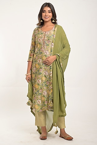 Olive Printed Kurta Set by Jaipuri banno