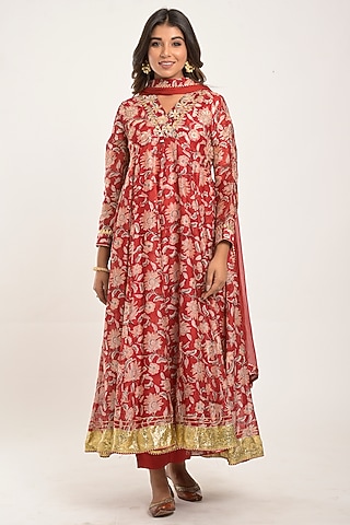 Red Printed Anarkali Set by Jaipuri banno