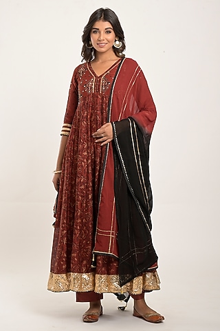 Barn Red Printed Anarkali Set by Jaipuri banno