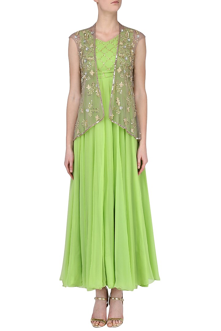 Olive Green Anarkali Gown With Grey Jacket available only at Pernia's Pop Up Shop.