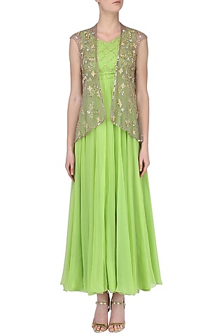 Olive Green Anarkali Gown with Grey Jacket by Japnit Ahluwalia