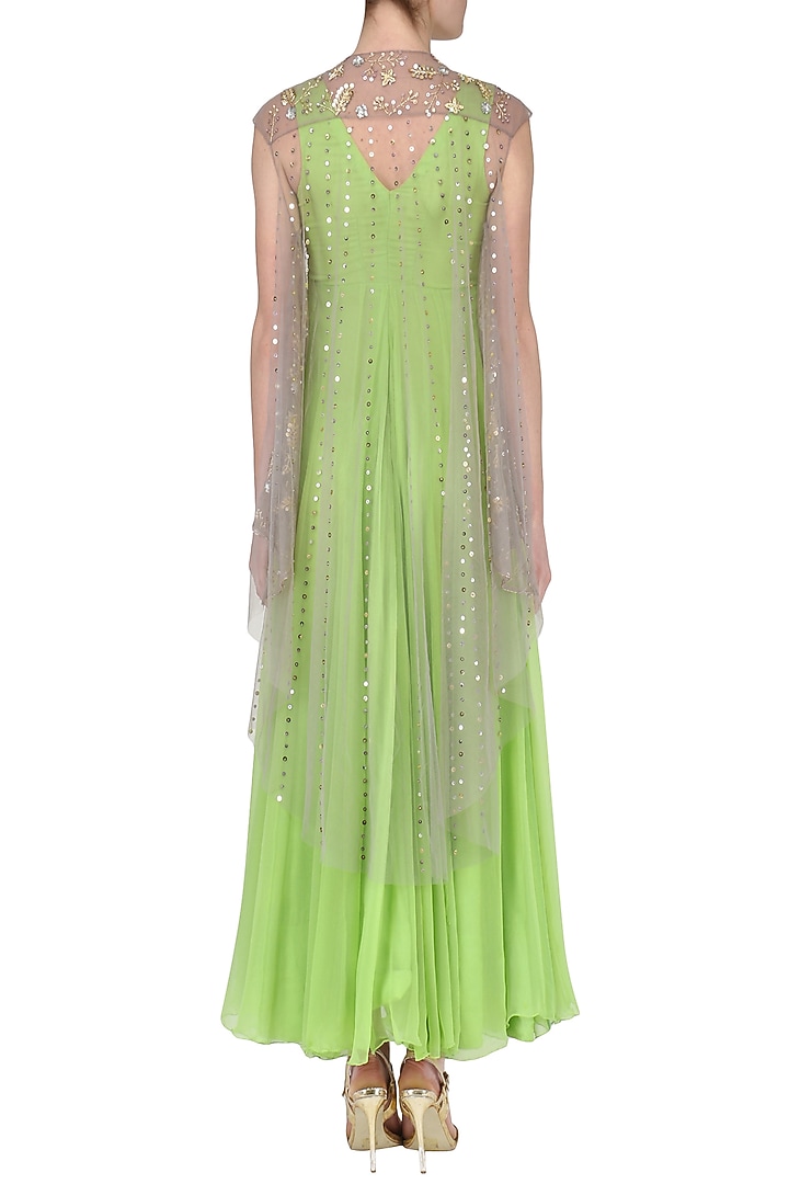 Olive Green Anarkali Gown With Grey Jacket available only at Pernia's Pop Up Shop.