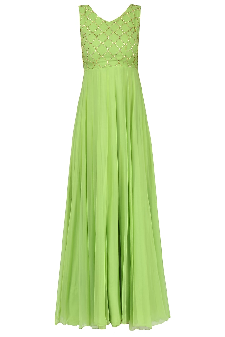 Olive Green Anarkali Gown With Grey Jacket available only at Pernia's Pop Up Shop.