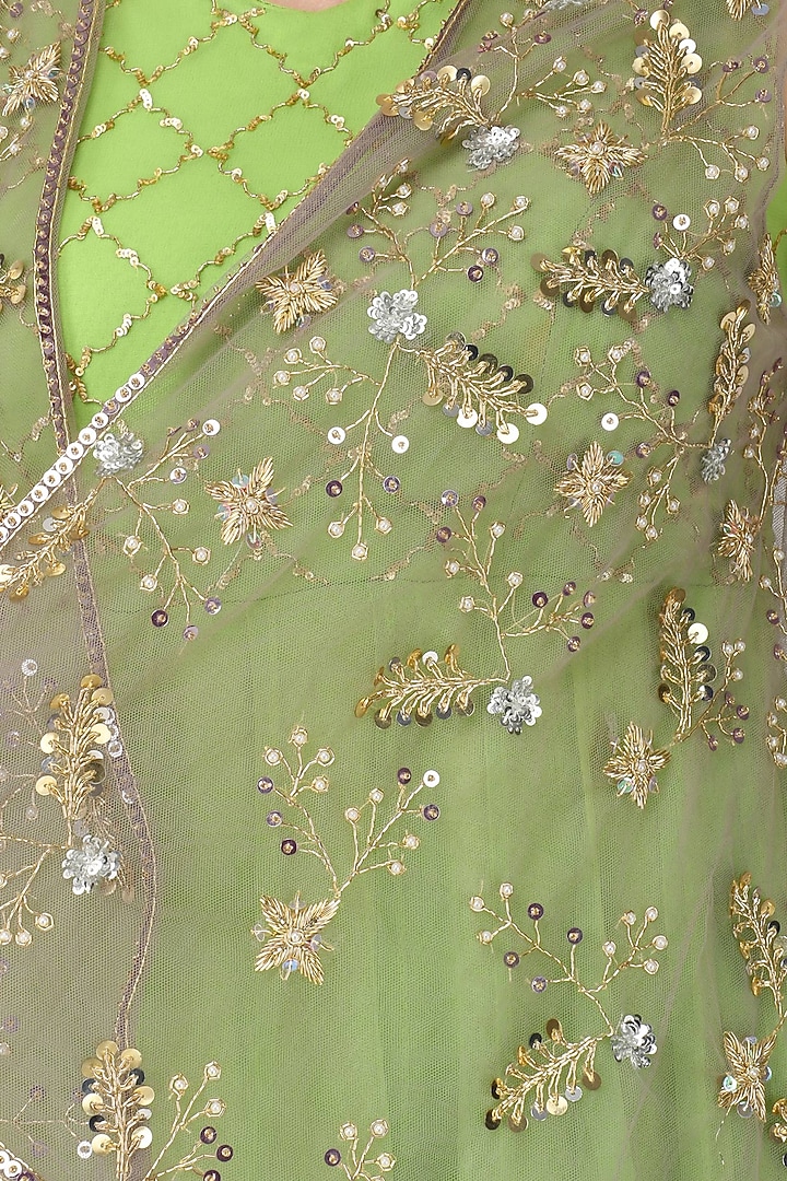Olive Green Anarkali Gown With Grey Jacket available only at Pernia's Pop Up Shop.