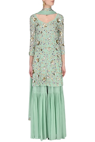 Marine Blue Embroidered Sharara Set by Japnit Ahluwalia
