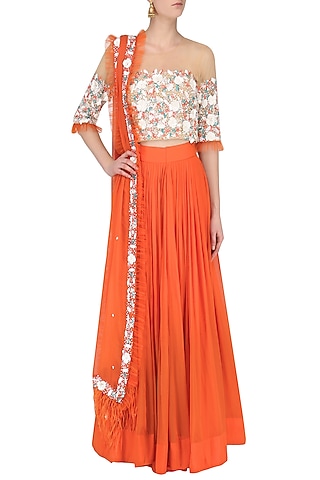 Tangerine Orange Embroidered Lehenga Set by Japnit Ahluwalia