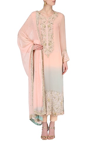 Pink and Blue Double Shaded Kurta Set by Japnit Ahluwalia