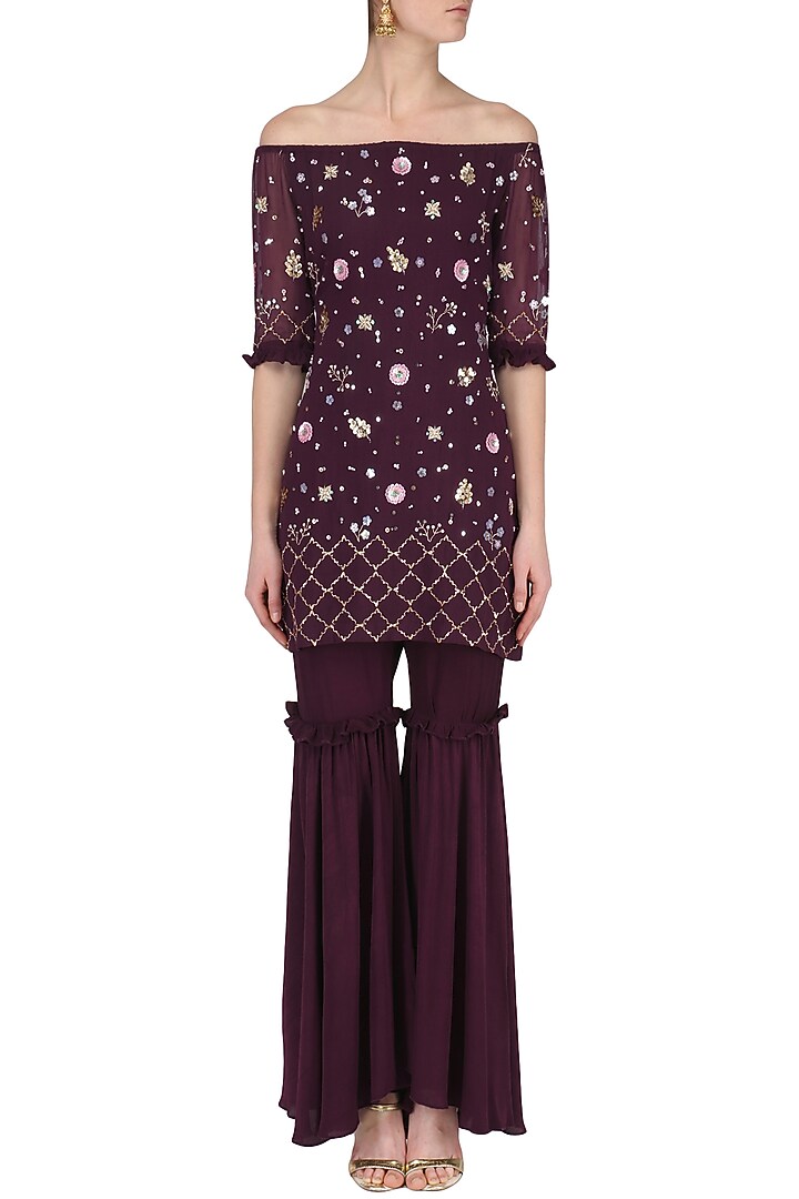 Wine Embroidered Off-Shoulder Sharara Set available only at Pernia's Pop Up Shop.
