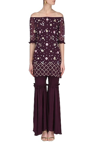 Wine Embroidered Off-Shoulder Sharara Set by Japnit Ahluwalia