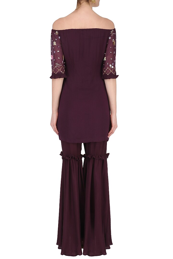 Wine Embroidered Off-Shoulder Sharara Set available only at Pernia's Pop Up Shop.