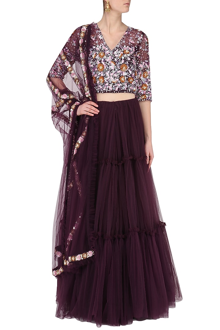 Wine Embroidered Lehenga Set available only at Pernia's Pop Up Shop.