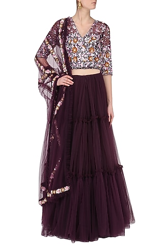 Wine Embroidered Lehenga Set by Japnit Ahluwalia