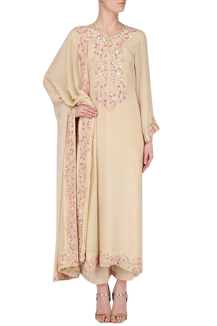 Beige Embroidered Kurta Set available only at Pernia's Pop Up Shop.