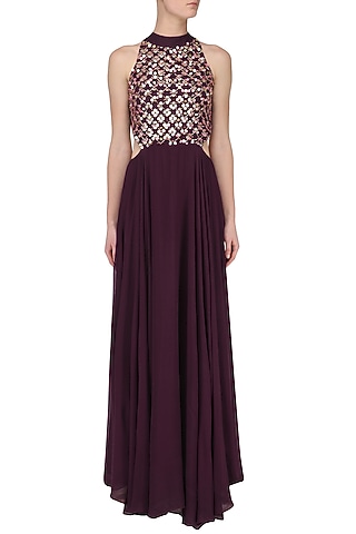 Wine Embroidered Gown by Japnit Ahluwalia