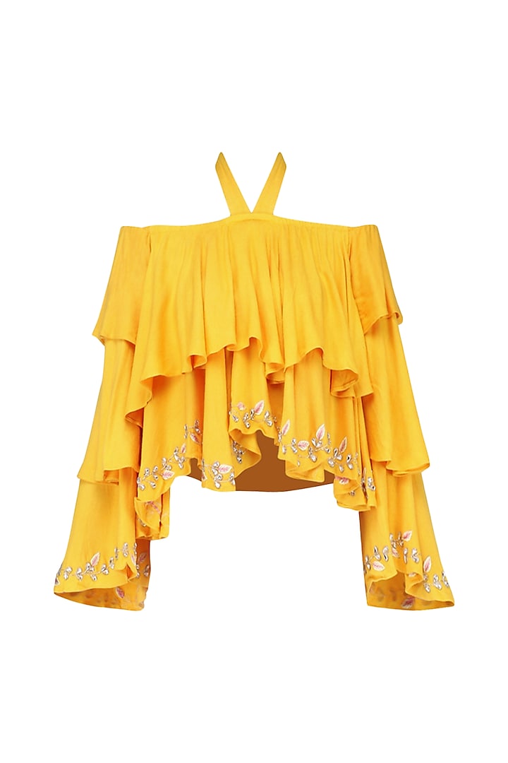 Yellow Layered Off-Shoulder Top by Japnit Ahluwalia