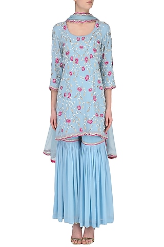 Blue Embroidered Sharara Set by Japnit Ahluwalia