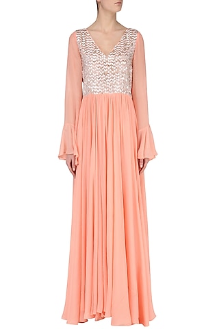 Peach Embroidered Maxi Dress by Japnit Ahluwalia