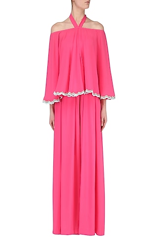 Fuschia Off Shoulder Jumpsuit by Japnit Ahluwalia