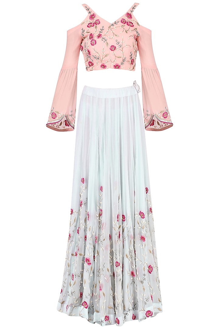 Light Blue Embroidered Lehenga Set by Japnit Ahluwalia