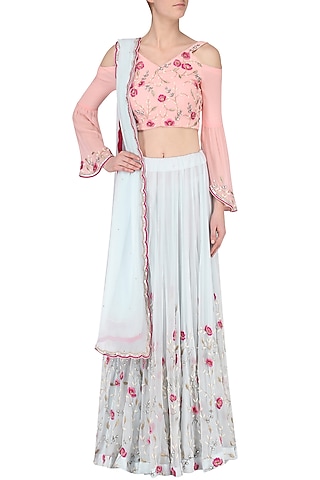 Light Blue Embroidered Lehenga Set by Japnit Ahluwalia